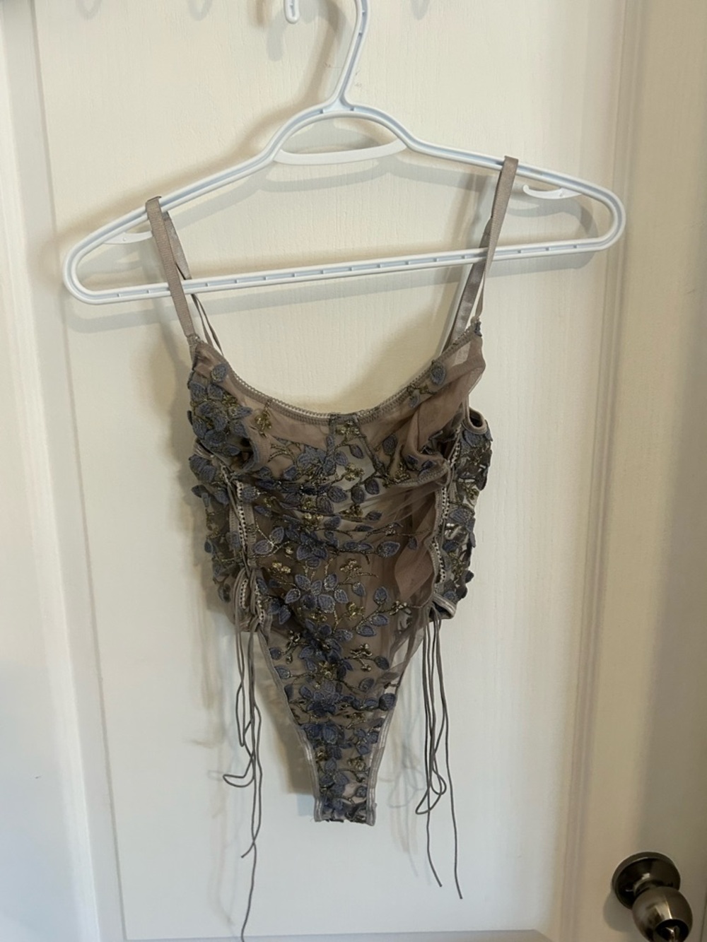 Embellished Mesh Bodysuit in Taupe with Floral Appliqué